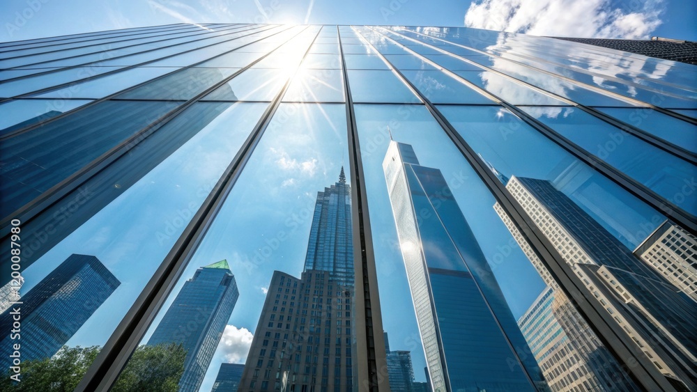 Poster a medium closeup showing a series of large glass panels stacked vertically reflecting sunlight and t