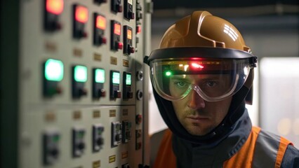 A medium closeup showing a worker in safety gear inspecting a control panel filled with switches and dials with the glow of indicator lights reflecting on their visor.