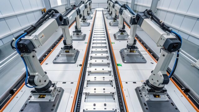A medium closeup showing an overhead perspective of multiple robotic arms in a sequential assembly line with parts meticulously aligned for efficient processing.