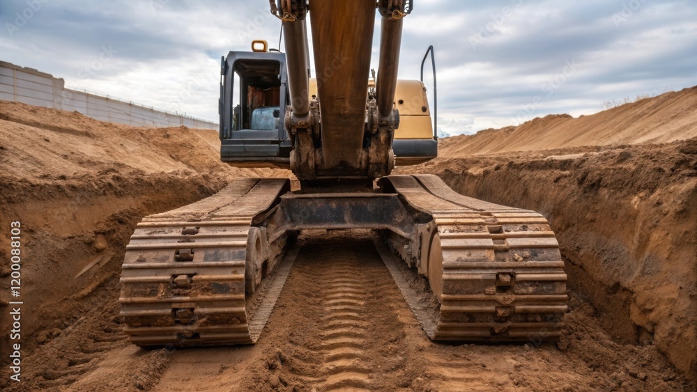 Poster a medium closeup view of heavy excavation machinery with tracks partially submerged in the dirt and 