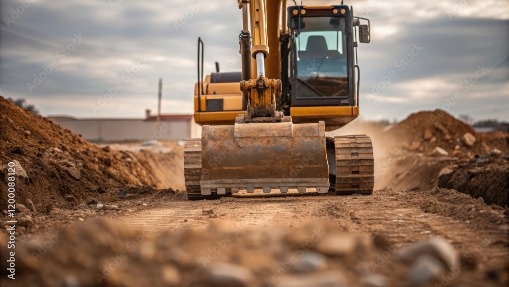 Poster a medium closeup view of heavy machinery such as an excavator maneuvering on site with dirt and debr