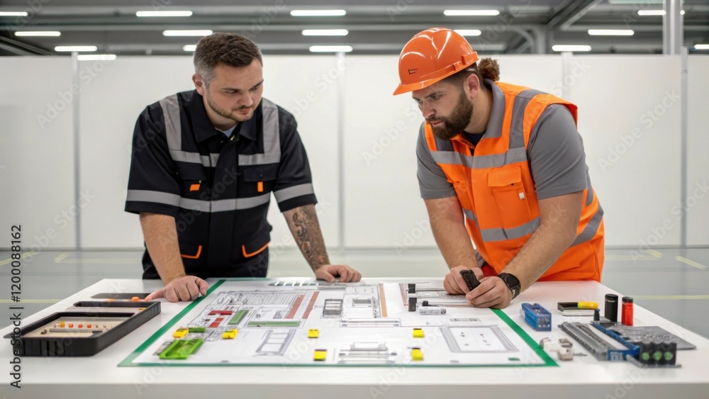 Aufkleber A medium shot captures two workers discussing a schematic spread out on a table with various components and tools tered around them illustrating teamwork in assembly.