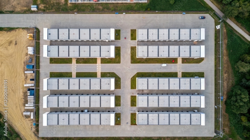 Aufkleber An aerial view captured from the ground showing the layout of multiple prefabricated modules illustrating the planned configuration of the building.