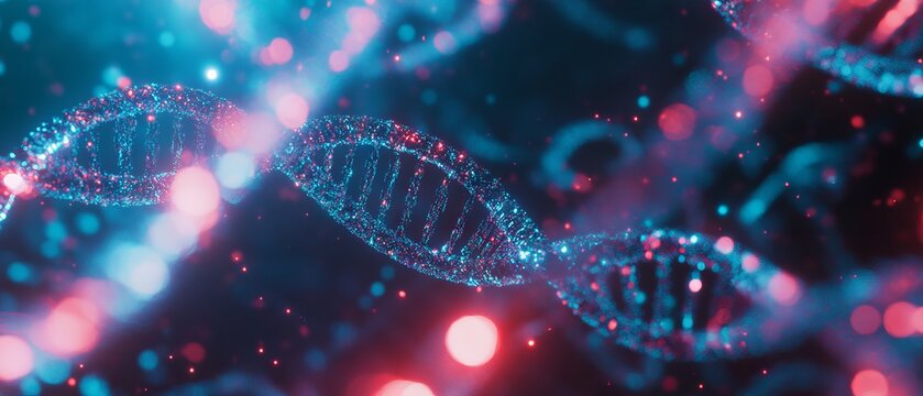 Holographic DNA strand rotates, revealing intricate structure with vibrant colors and light