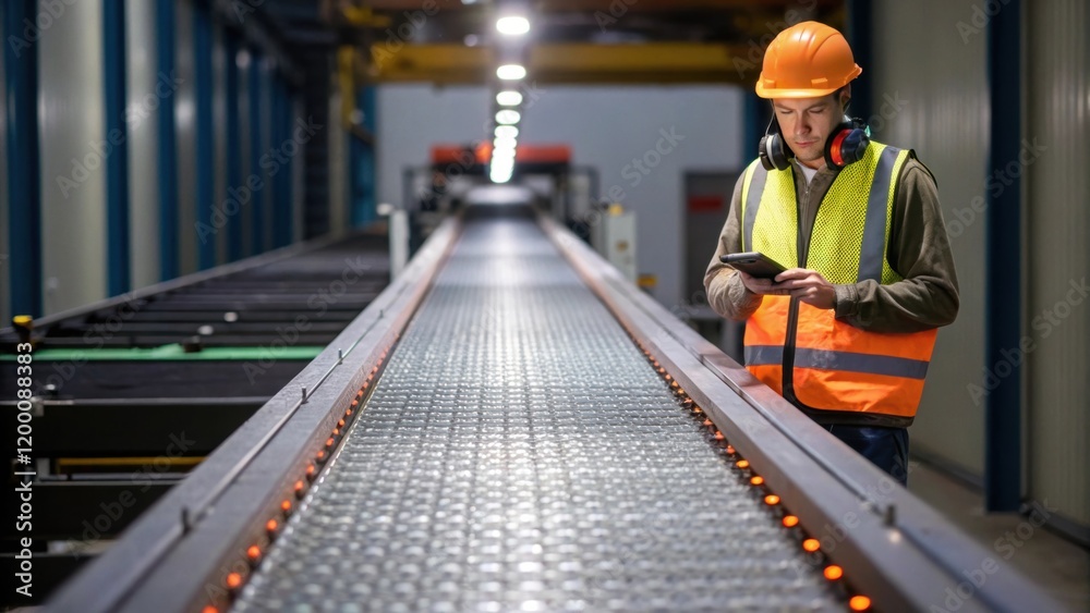 Aufkleber An engineer inspecting a conveyor belt that feeds products into the palletizing system capturing the smooth operation of machinery and the details of the belts texture.