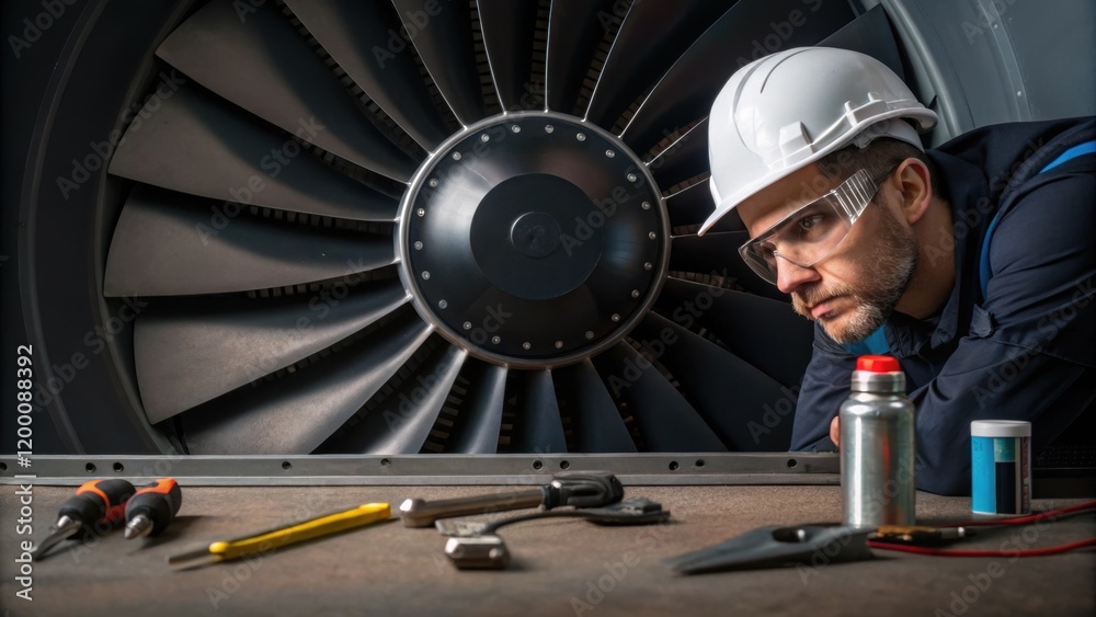 Poster an engineer inspecting a large cooling fan examining the blades closely for any wear or obstructions