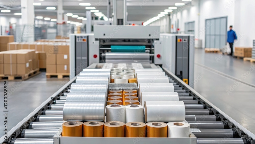 Poster An image showcasing the intricate arrangement of packaging materials such as films and containers being loaded into automated machinery emphasizing organization and efficiency.