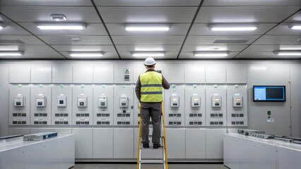 An industrial worker positions a smart energy meter on a wall mount while bright overhead lights illuminate the facility emphasizing the modern environment.