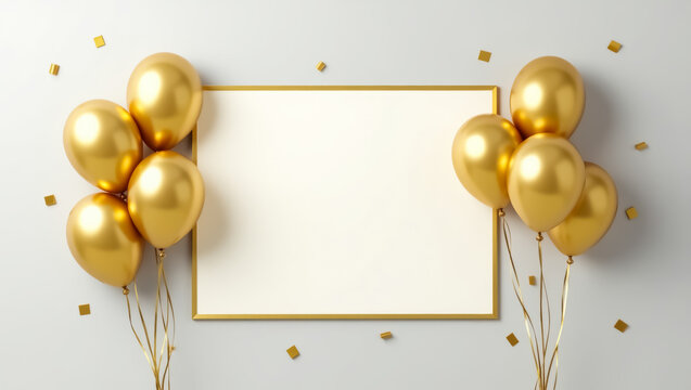 two bunches of shiny gold balloons frame a blank white space