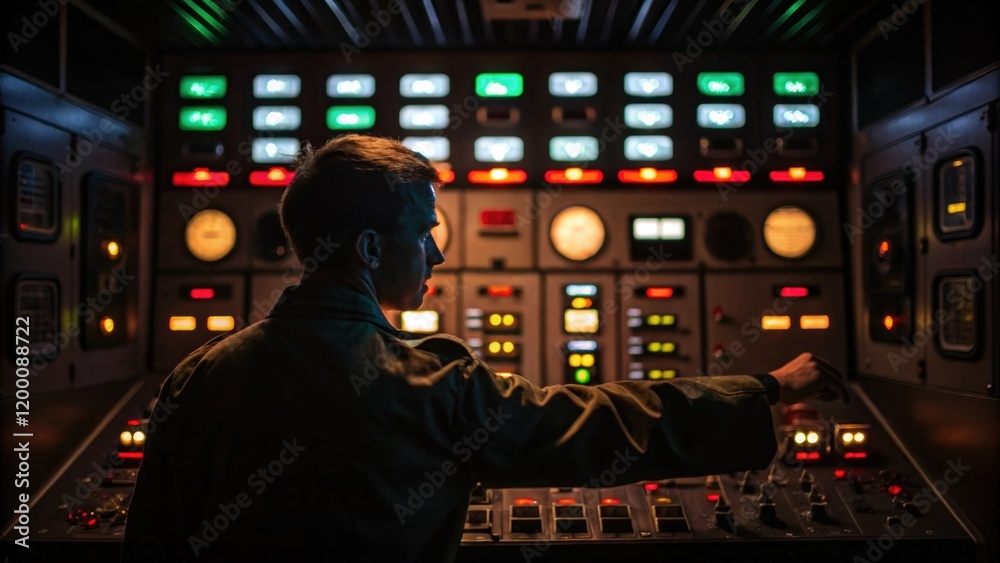 Aufkleber An operator is adjusting a control panels dials and switches in a dimly lit room surrounded by glowing indicators showcasing the electronic aspect of machinery upkeep.
