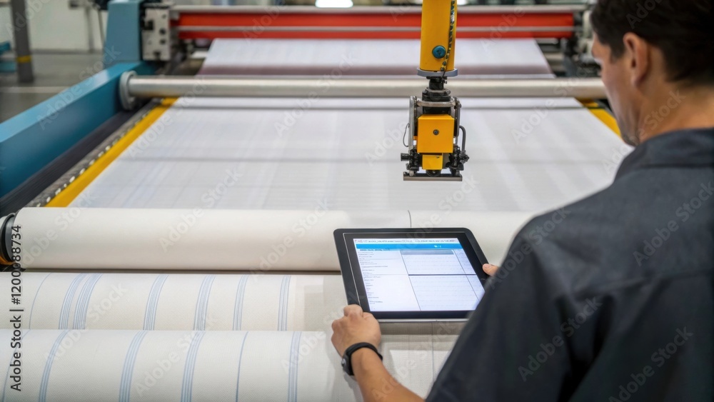 Fototapete An operator reviewing a tablet interface while a robotic system autonomously s patterns from large rolls of fabric emphasizing the blend of technology and human oversight.