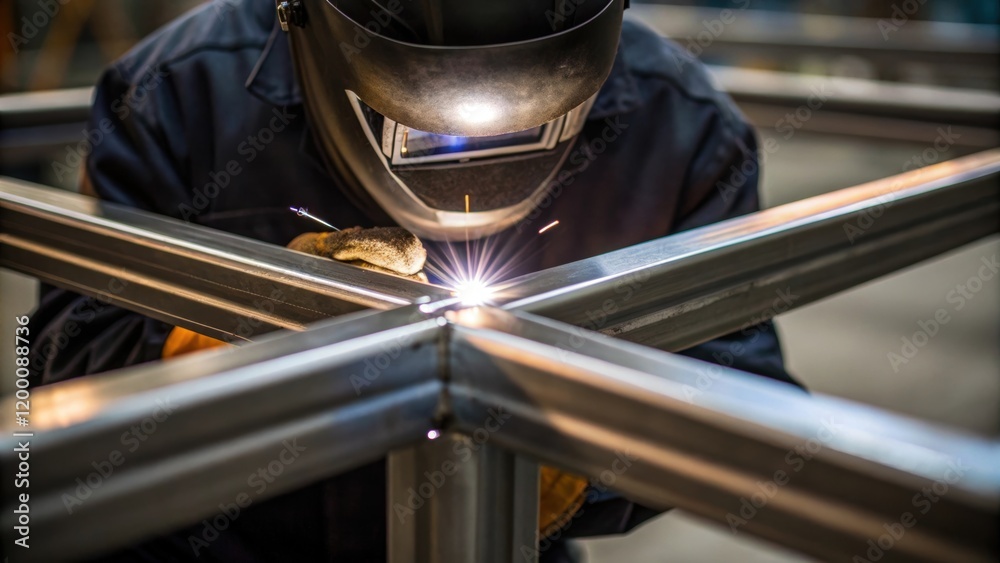 Poster an operator adjusting a meticulous bead of weld on a metal frame with close attention to detail show