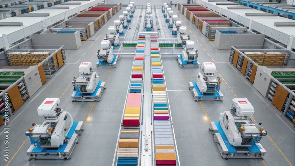 Aufkleber An overhead shot capturing multiple robots working collaboratively in a spacious factory illustrating the efficiency of advanced automation in textile production.