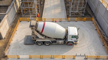Naklejka premium An overhead shot focusing on the spinning drum of a concrete mixer truck with fresh concrete being poured into a waiting mold surrounded by construction elements.