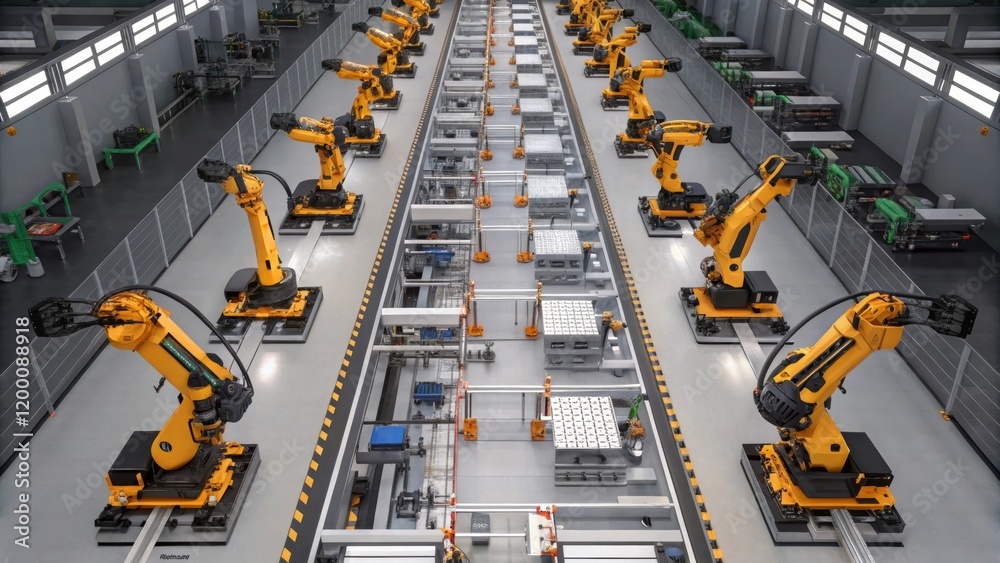 Poster An overhead view of a busy assembly line with multiple robots engaged in different tasks highlighting the connectivity and flow of the assembly process.