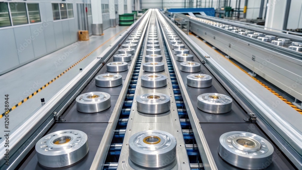 Poster an overhead view of conveyor belts transporting freshly machined metal parts with glistening surface