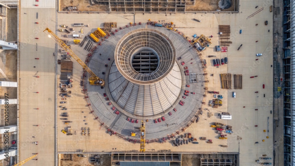 Poster An overhead view through a construction drone of the site capturing a of workers and machinery surrounding the unfinished cooling tower emphasizing the scale of the project.