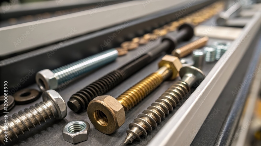 Poster an upclose look at a conveyor belt carrying assorted fasteners with a mix of screws washers and anch