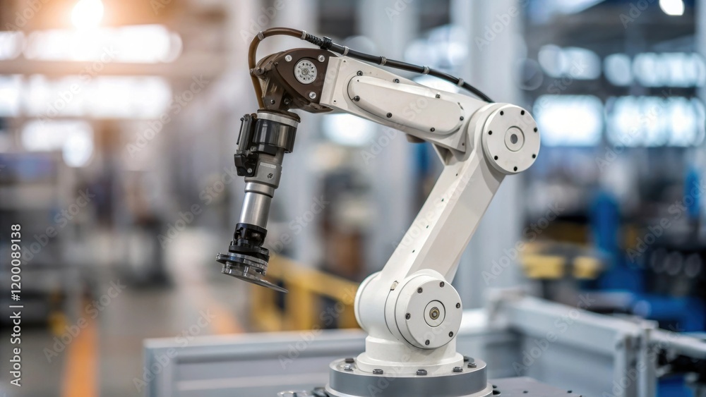 Fototapete A robotic arm in the foreground with blurred machinery in the background focusing on the articulated joints that enable high levels of maneuverability and dexterity.
