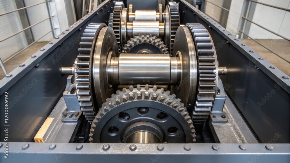 Aufkleber A series of gears and pulleys visible inside the shredders housing highlighting the mechanical complexity and engineering sophistication that drives its performance.