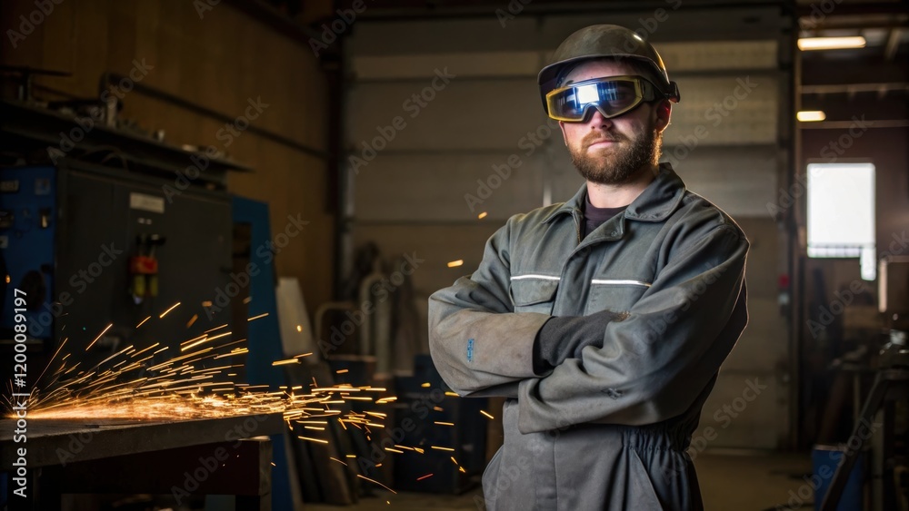 Poster a side angle shot of a worker standing confidently with a plasma ter the light reflecting off their 