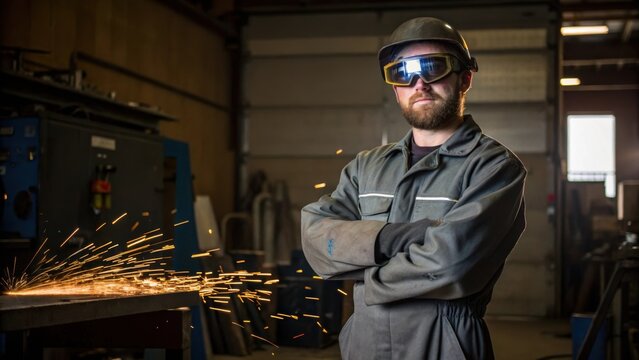 A side angle shot of a worker standing confidently with a plasma ter the light reflecting off their safety glasses demonstrating both skill and safety awareness.