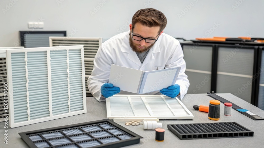 Aufkleber A technician consulting a manual while surrounded by dismantled components of an air purification system indicating a thorough approach to troubleshooting and ensuring all parts