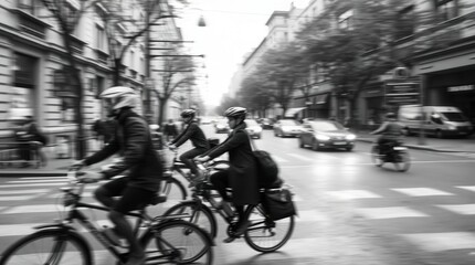Naklejka premium Cyclists riding through a city street, passing buildings and other vehicles. A monochrome shot capturing urban motion.