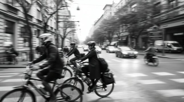 Fototapeta Cyclists riding through a city street, passing buildings and other vehicles.  A monochrome shot capturing urban motion.