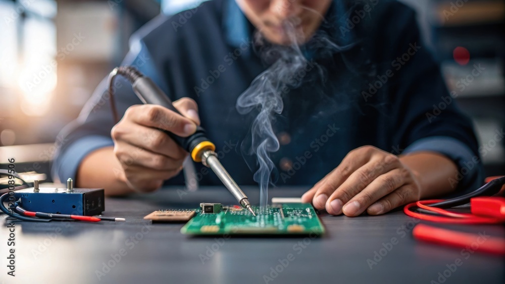 Poster A technician uses a soldering iron to secure wires onto a printed circuit board with steam visibly rising and their focused expression conveying the importance of precision.