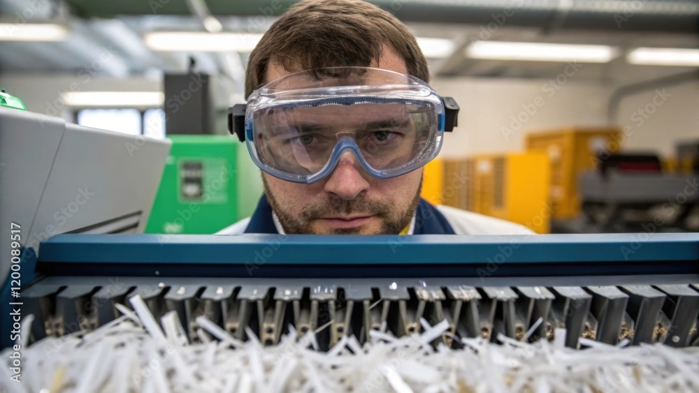 Aufkleber A technicians safety goggles reflecting the shredder in action capturing the intensity of the operation alongside the technicians focused expression and clean work environment.