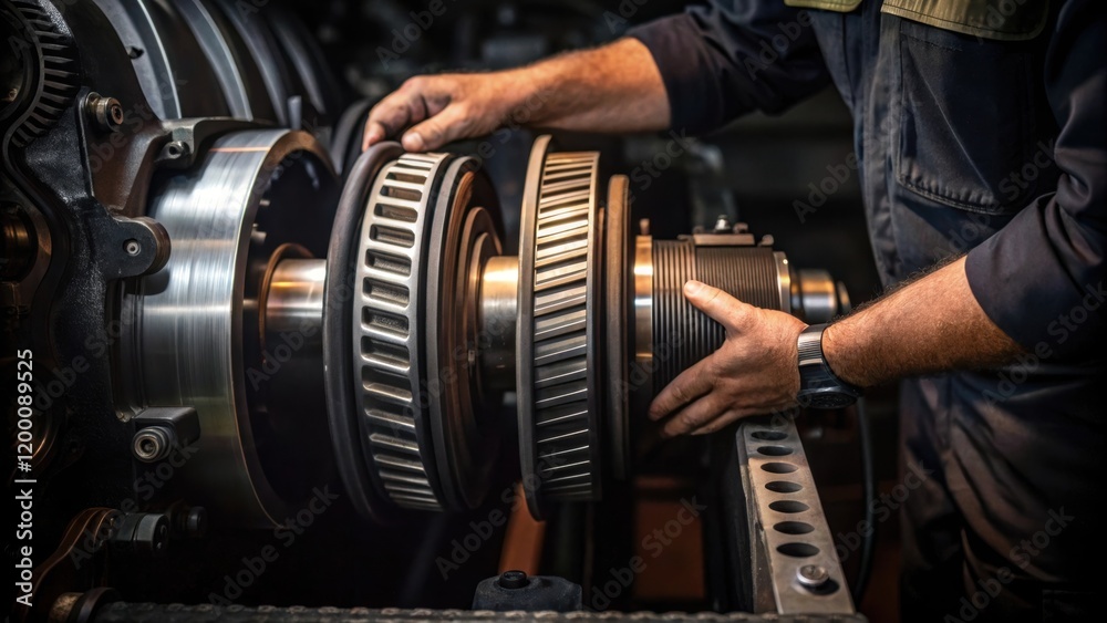 Poster A technicians hands working on the belt drive system of a large compressor revealing the tension adjustments and wear on the rubber belts visible under task lighting.
