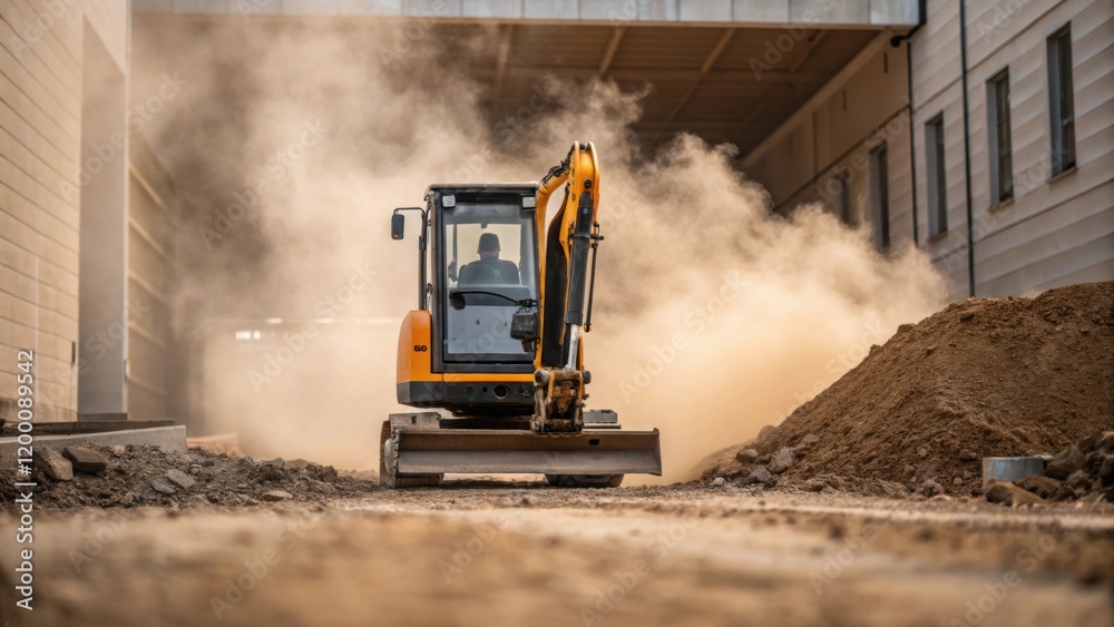 Aufkleber A tight shot of the compact excavator digging near the foundation of a building with dust clouds rising emphasizing the precision required in limited space.