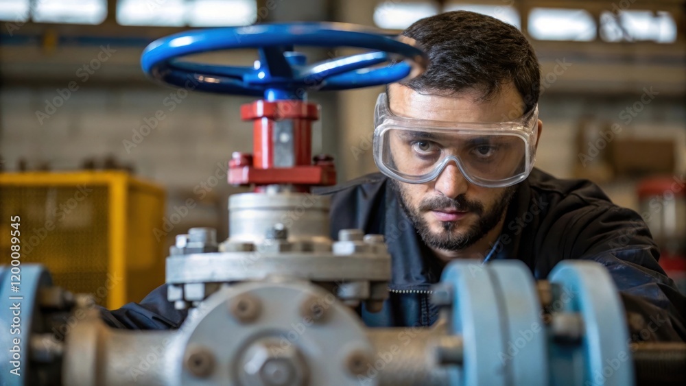 Aufkleber A technician wearing protective goggles examining a complex valve deep in concentration as they check for consistency and strength.