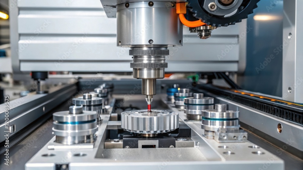 Poster A vivid detail shot of a CNC machines moving parts and mechanisms in action showcasing the engineering brilliance and efficiency behind automated manufacturing.