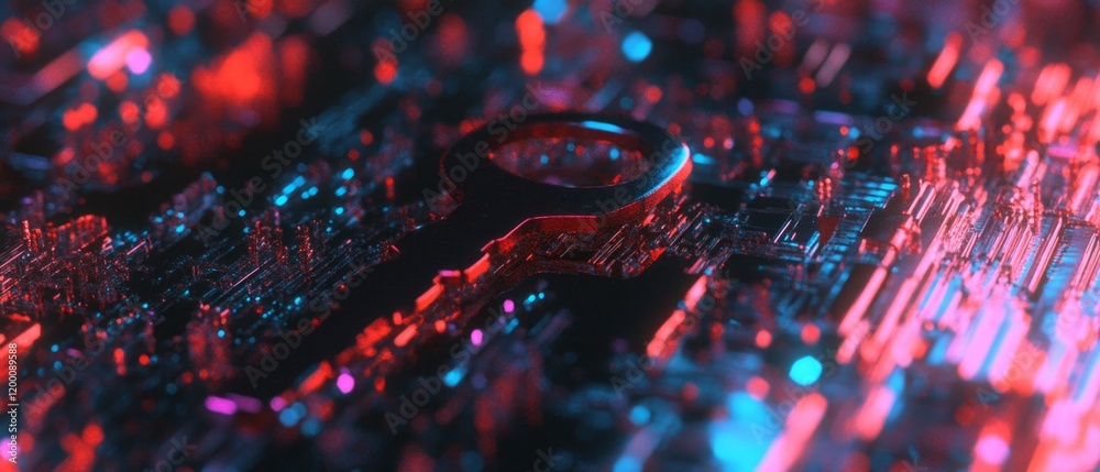 Poster intricate holographic key design with vibrant neon colors and detailed circuitry in the background