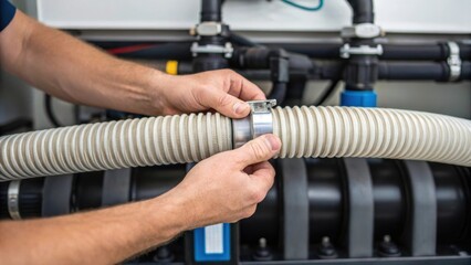 A technicians hands tightening a hose clamp around a large filtration unit with the focus on the textured rubber tubing underlining the importance of secure connections.