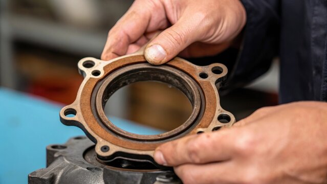 A technicians hands removing an old gasket from the pumps casing with the focus on the worn material and the careful handling of the fragile components.