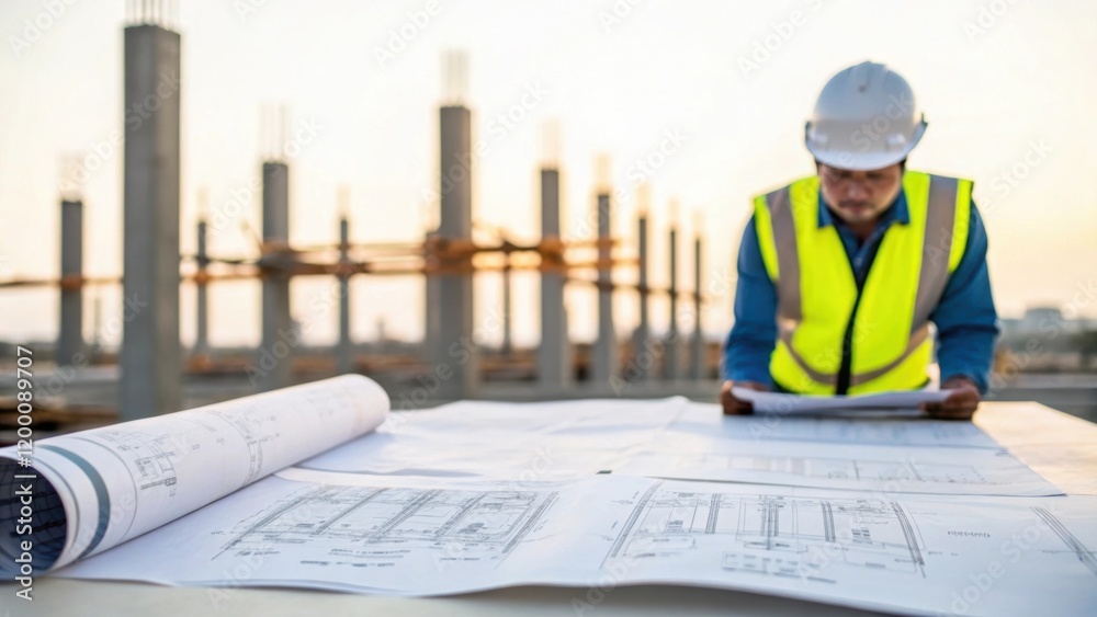 Poster a worker in safety gear examining blueprints laid out on a nearby surface with the prefabricated sup