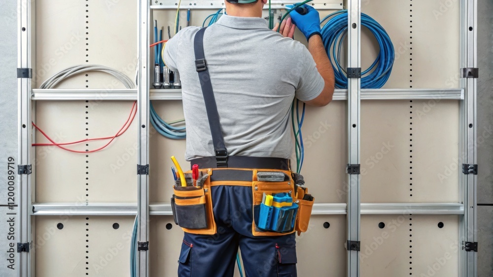 Aufkleber A worker installing electrical wiring within a wall module surrounded by various wires and tools showcasing the integration of utilities in modular construction.
