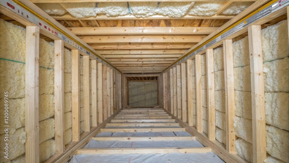 Aufkleber A workers eyelevel perspective showing the insides of a wall cavity insulation in progress highlighting the intricate layering and placement of material against the structural