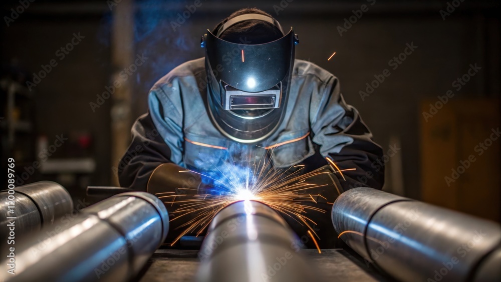 Poster a welder in safety gear focuses intently on fusing sections of ducting together with sparks flying i