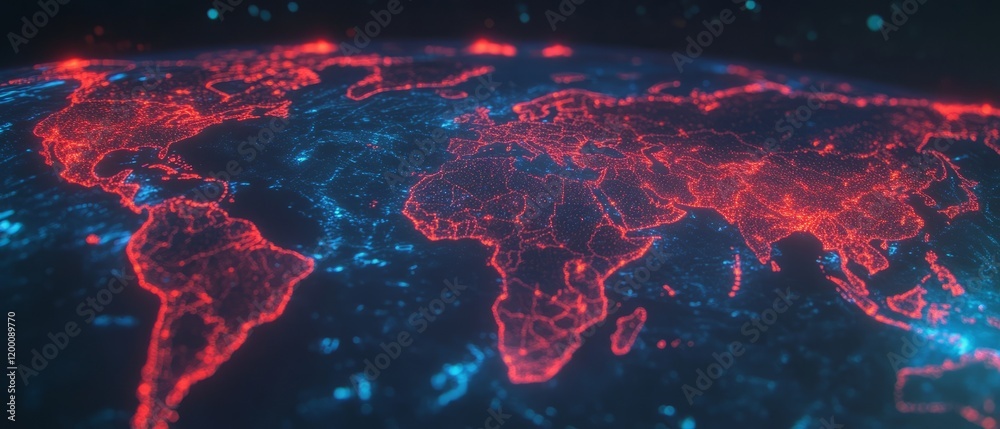 Poster illuminated holographic map displaying global connections in vibrant colors