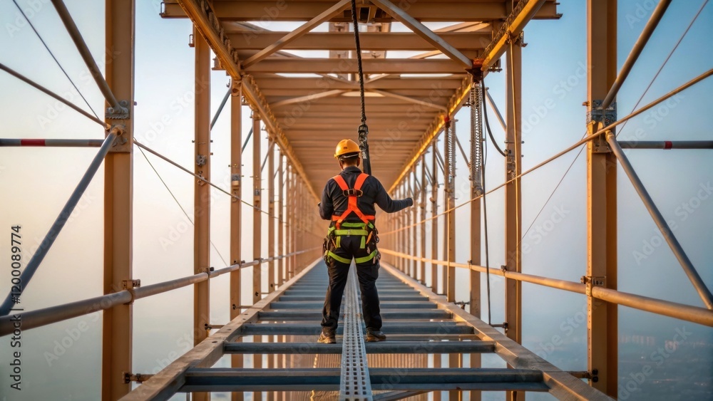 Poster A worker in a safety harness suspended above attaching a bridge segment to its supports the view emphasizing height and the surrounding scaffolded framework.
