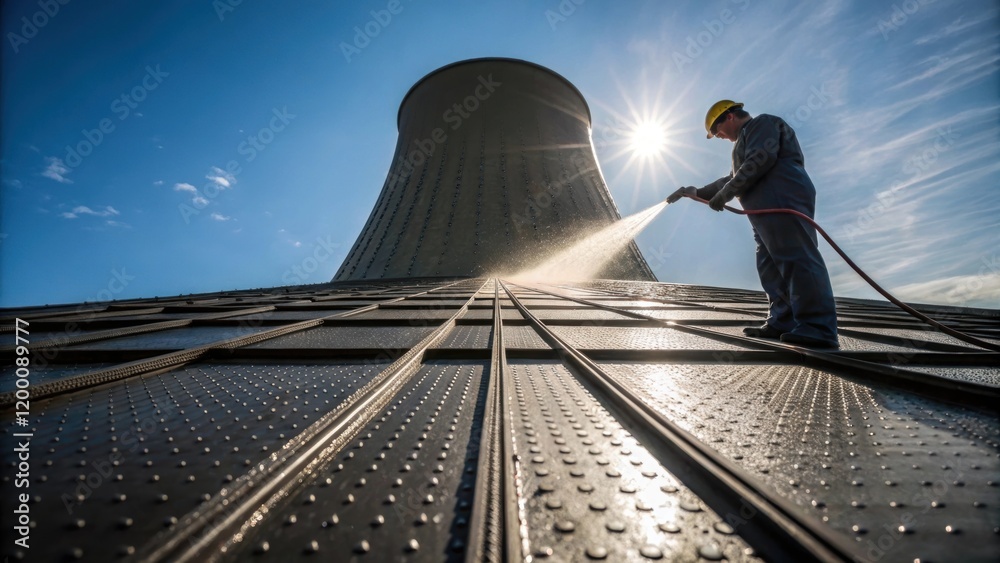 Poster a worker pouring a final layer of protective coating on a completed section of the cooling tower wit