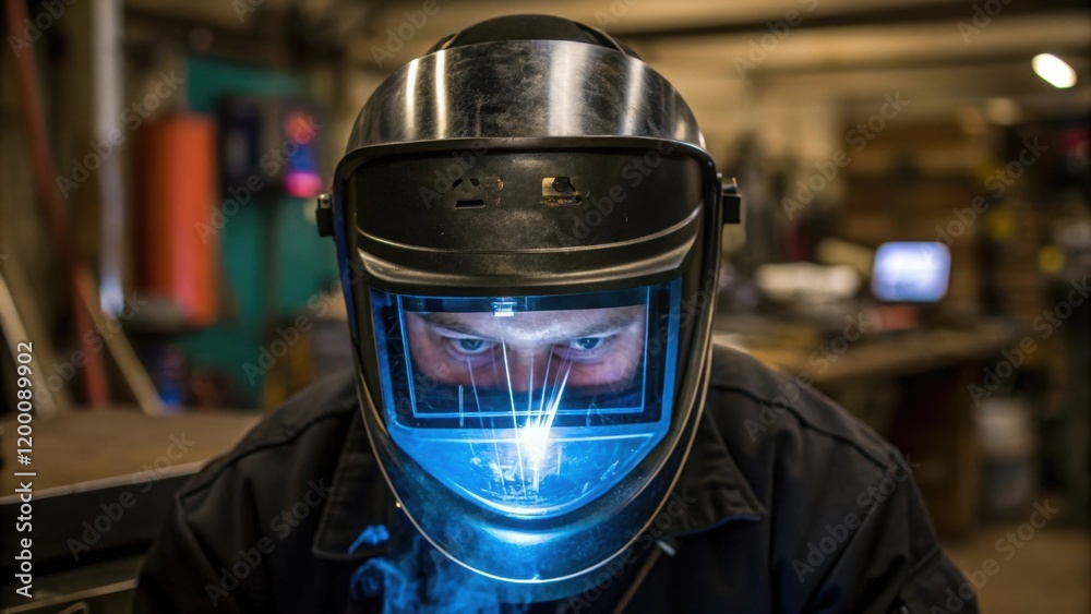Poster A workers face is partially obscured by a welding helmet with reflective visor displaying the vivid blue light of the plasma arc highlighting their determined expression.
