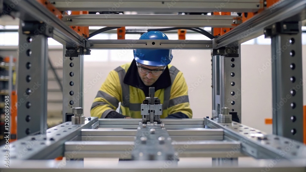 Poster A worker tightening bolts on the structural frame of a palletizing robot emphasizing the importance of assembly and the careful details of machinery construction.