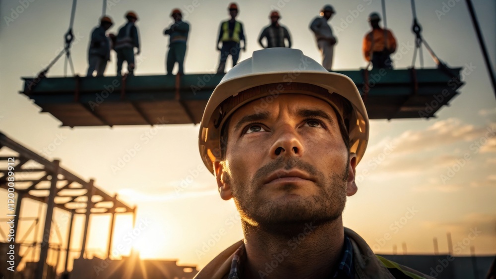 Poster a workers face lit by the late afternoon sun reflecting determination and focus as they supervise a 