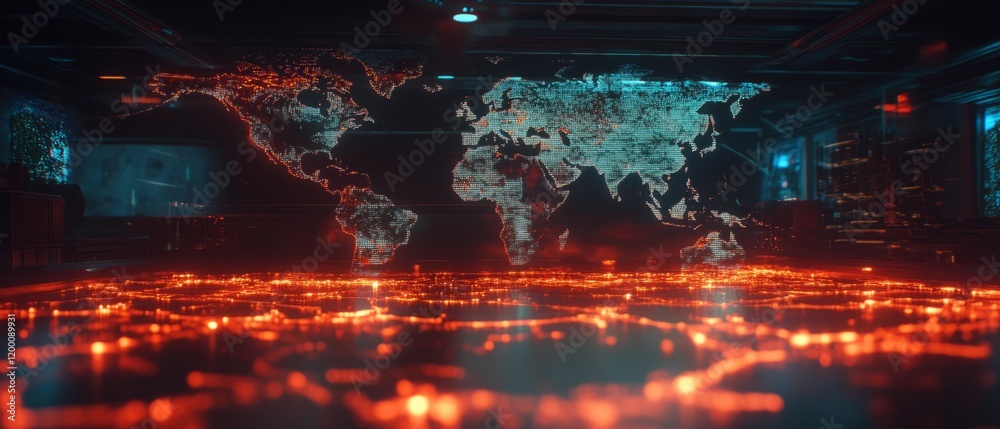 Poster Holographic map displaying glowing lines of a digital world with intricate details and connectivity