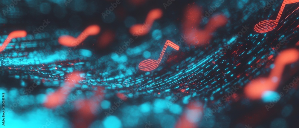 Aufkleber Holographic musical notes create a vibrant display of sound and color with flowing trails in digital art